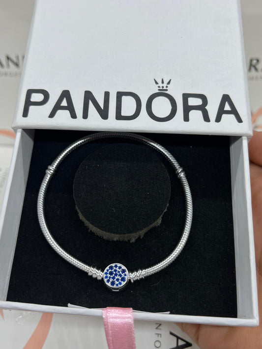 Pandora Moments Sparkling Blue Disc Clasp Snake Chain Bracelet