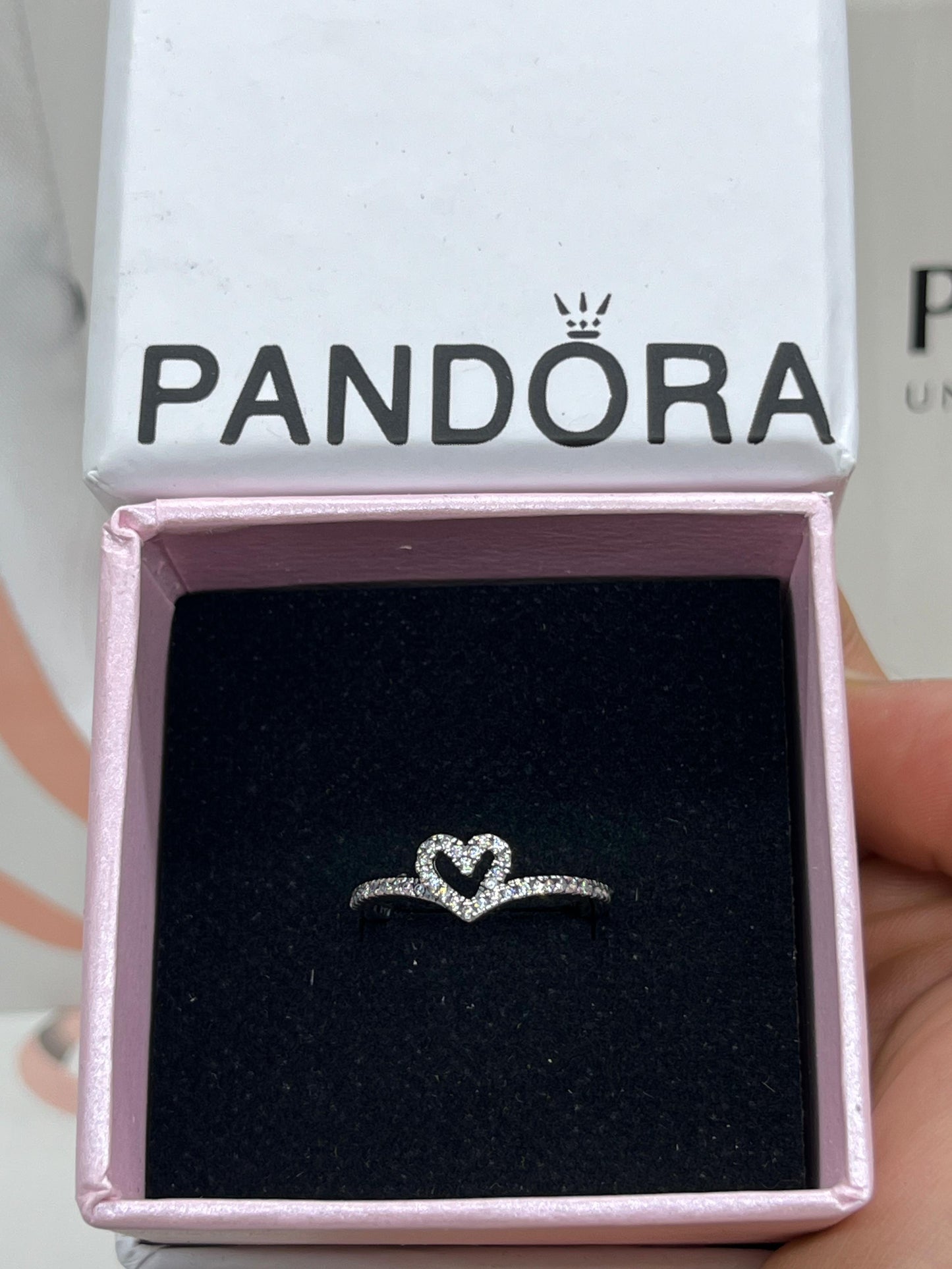 Original pandora Sparkling Wishbone Heart Ring